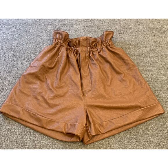 Ronny Kobo Women Large Brown Faux Leather Paperbag Shorts - Picture 1 of 13